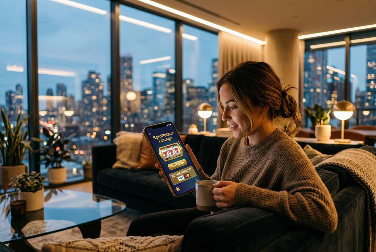 A person using a modern casino application on a smartphone in a stylish environment.